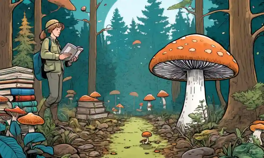 Un paisaje forestal sereno con hongos y un investigador en el fondo, rodeado de libros y diagramas.