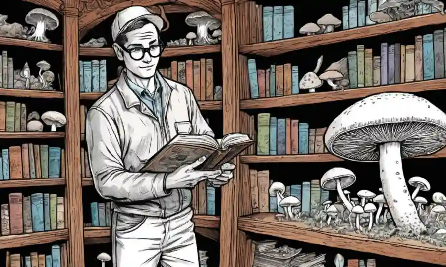 Persona sosteniendo hongos frente a antiguas librerías y diagramas científicos, con un toque de tecnología moderna.