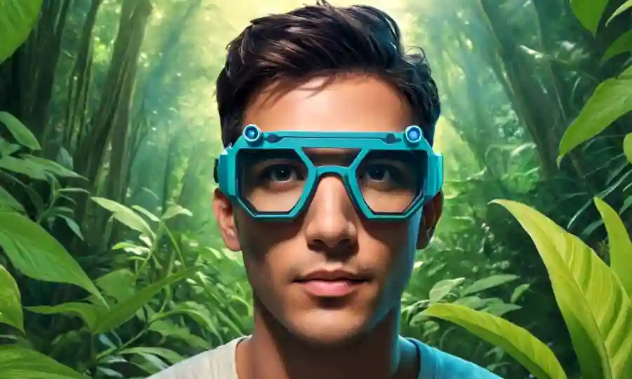 Una persona con gafas de realidad aumentada rodeada de vegetación exuberante, simbolizando la simbiosis y la conexión humana.