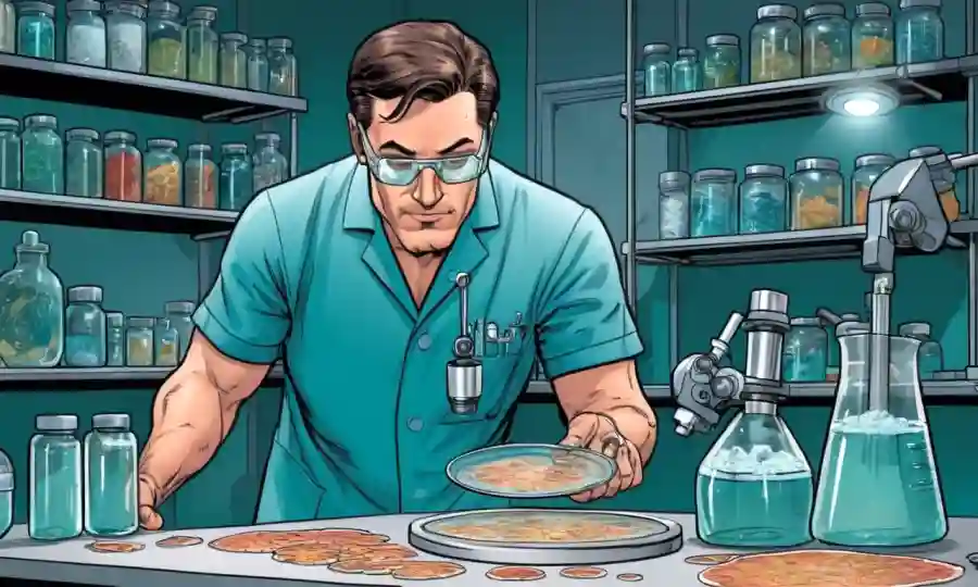 Un profesional médico que examina un plato petri de hongos, con ilustraciones de fondo del cuerpo humano y el equipo de laboratorio.
