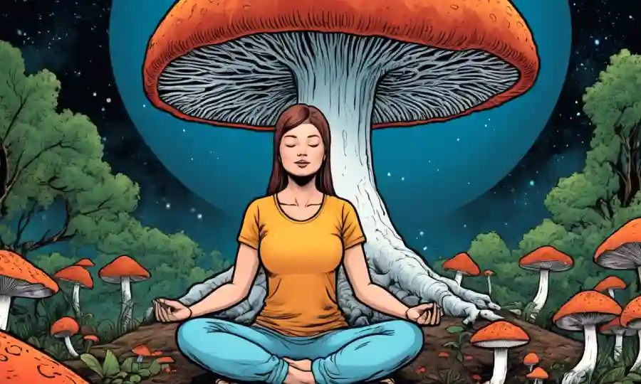 Mujer meditando cerca de un hongo psilocybin simbolizando los efectos psicológicos.