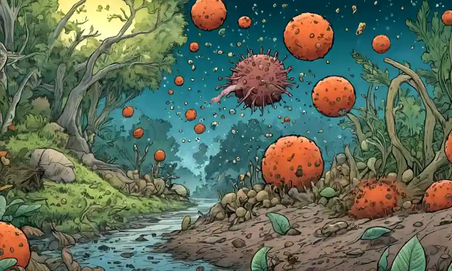 Ilustración de microorganismos derribando materia orgánica en diversos ecosistemas.