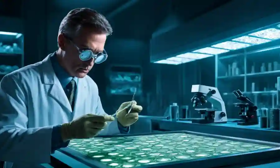 Científico examinando diapositivas de microscopio de esporas fúngicas en un entorno de laboratorio futurista.
