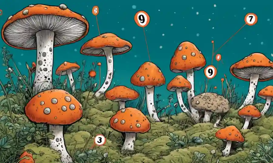 Ilustración de esporas fúngicas con números y flechas destacando su sorprendente longevidad.
