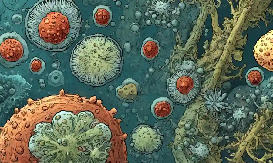 Imagen del microscopio mostrando esporas en diferentes etapas de desarrollo/maturidad.