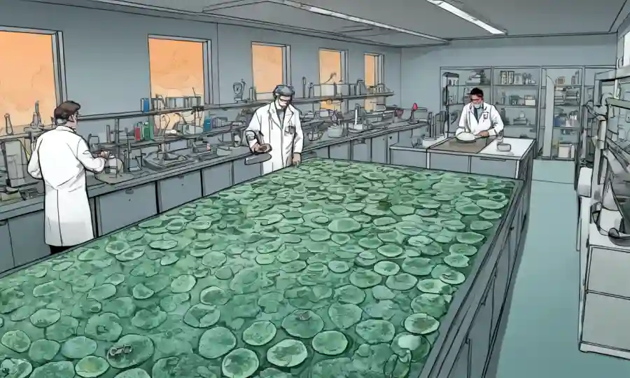 Científicos que estudian células fúngicas (micelio) en entornos de laboratorio en medio de conceptos e ilustraciones de economía circular.