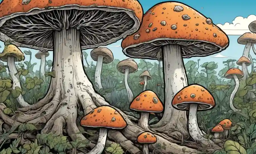 Fungi creciendo en materia descompuesta, simbolizando la sostenibilidad y la innovación.