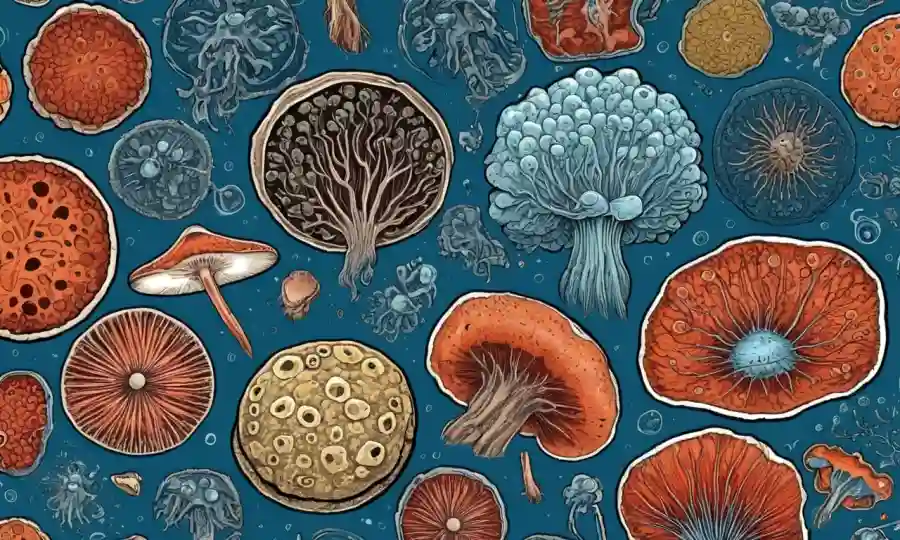 Las ilustraciones microscópicas de hongos y bacterias muestran el proceso de esporulación.