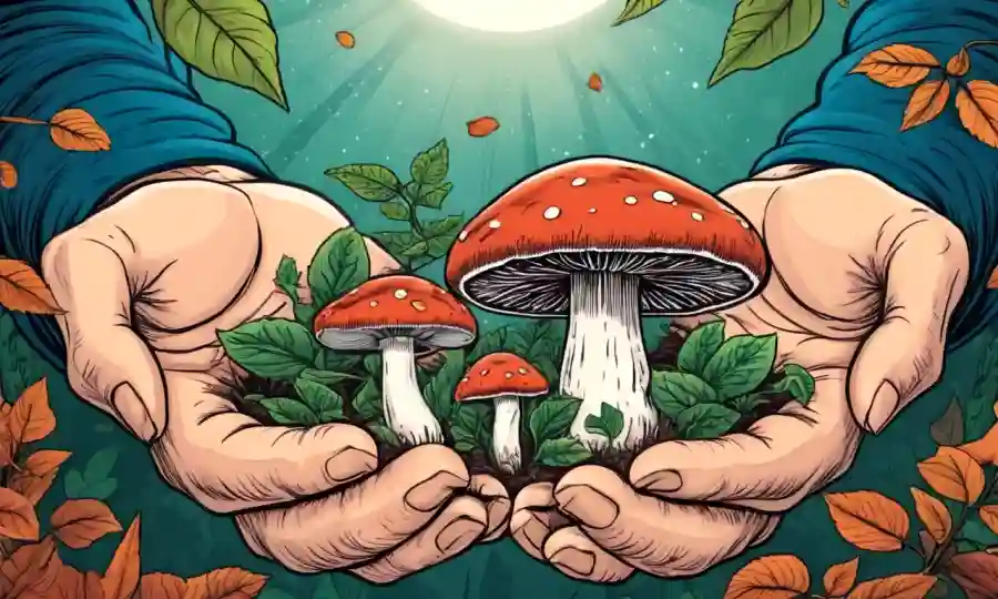 Un hongo creciendo en armonía con las manos humanas sosteniendo hojas, simbolizando la adaptación medicinal.