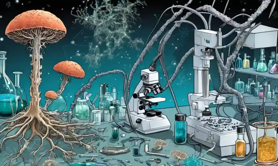 Imagen microscopio de hifae fúngica rodeada de equipos y diagramas de laboratorio farmacéuticos.