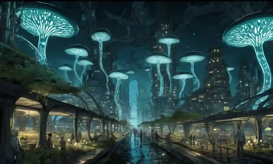 Un futurista paisaje urbano con redes fungosas iluminadas por debajo, con innovaciones sostenibles y soluciones basadas en micelio.