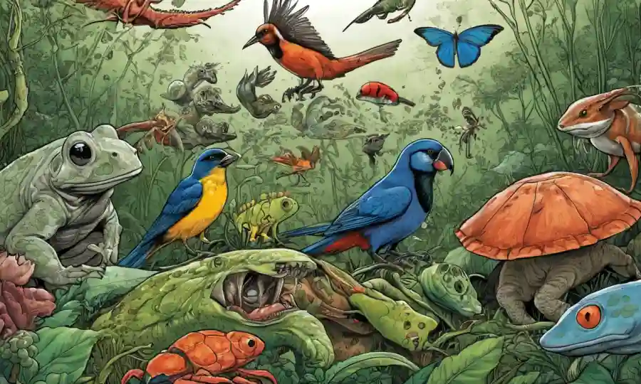 Ilustraciones que representan varias relaciones simbióticas entre especies o organismos en la naturaleza.