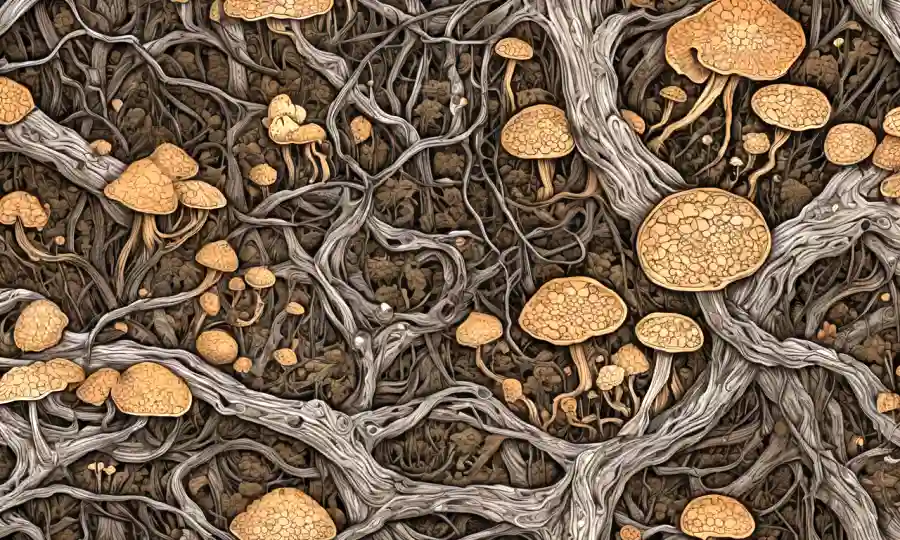 Fungi mycelium formando redes intrincadas en suelo o madera de descomposición.