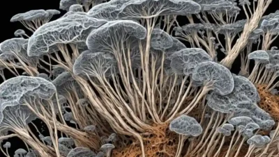 Cierre de la hifa de hongos formando estructuras intrincadas de micelium.