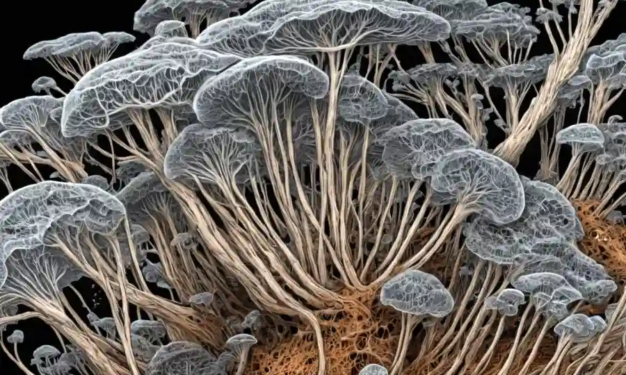 Cierre de la hifa de hongos formando estructuras intrincadas de micelium.