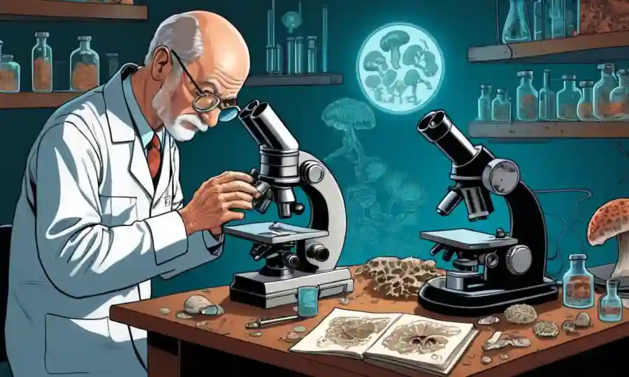 Un micólogo que estudia muestras de hongos bajo un microscopio entre ilustraciones históricas y modernos equipos de laboratorio.