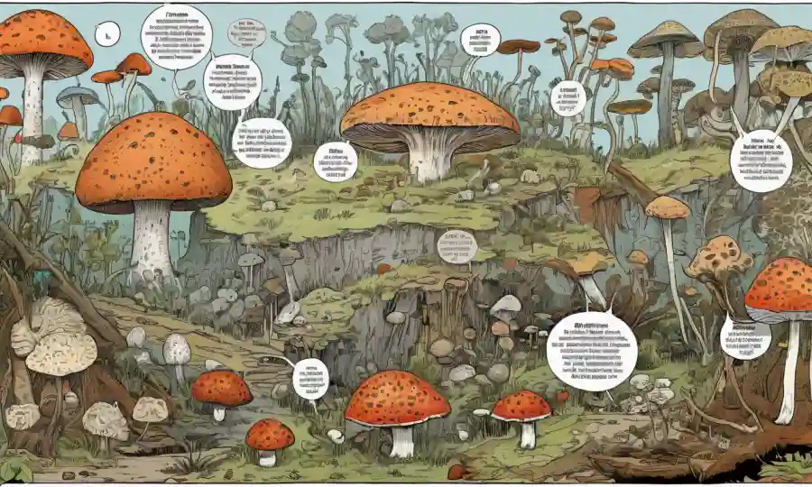 Un cronograma ilustrado de descubrimientos y avances micológicos.
