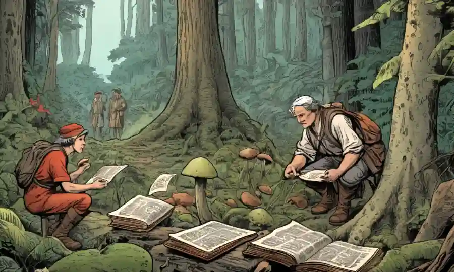 Personas antiguas que examinan hongos en un bosque, rodeadas de ilustraciones históricas y textos antiguos.