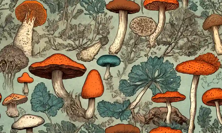 Ilustraciones históricas de hongos mezclados con imágenes microscopía modernas en un fondo vintage.