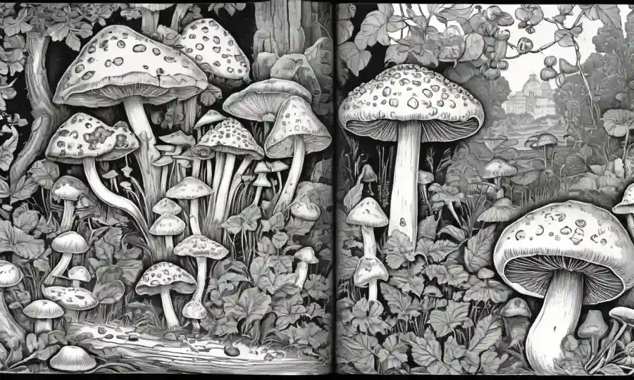 Página de libro histórico sobre hongos y hongos con ilustraciones de la época renacentista.