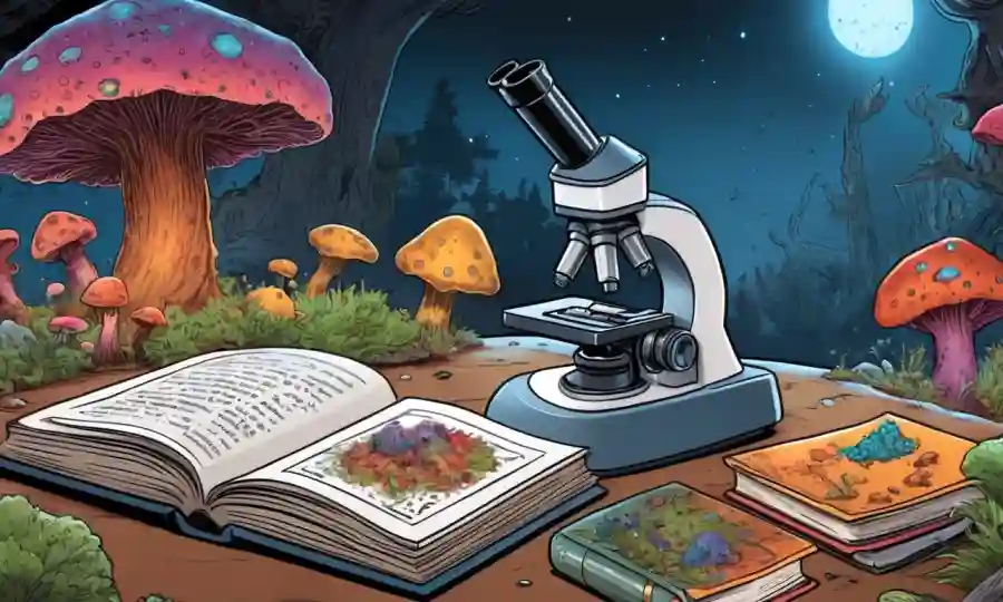 Un microscopio acostado en un libro con organismos fúngicos coloridos y una persona que estudia en el fondo.