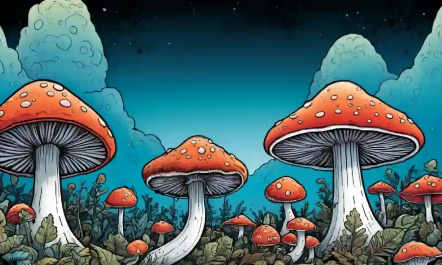 Obras de hongos en formas y formas inusuales sobre un fondo surrealista.