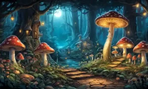 Bosque encantado con hongos iluminando obras maestras artísticas en las paredes de la galería.