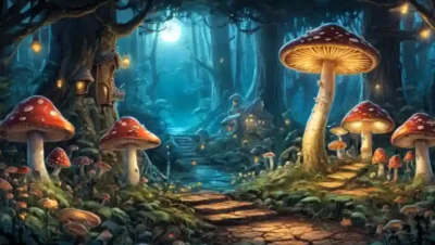 Bosque encantado con hongos iluminando obras maestras artísticas en las paredes de la galería.