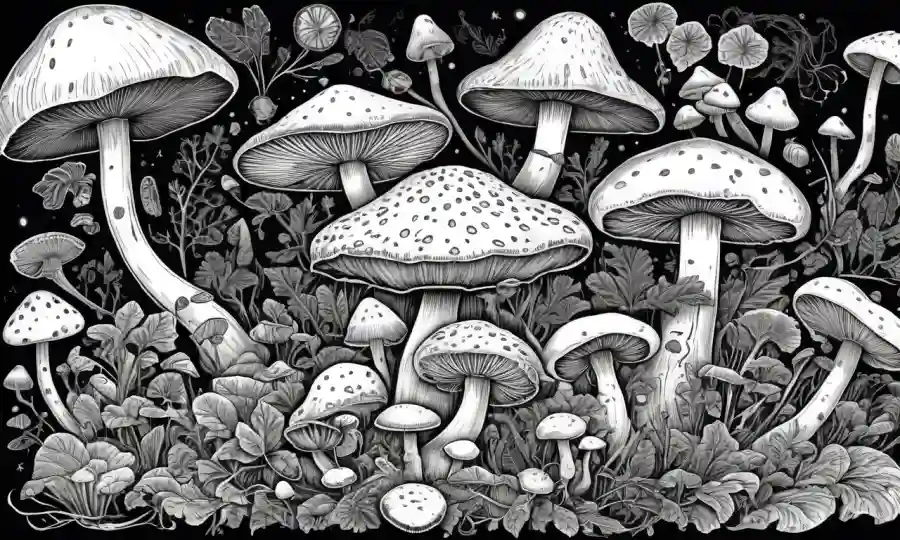 Una ilustración de varios hongos rodeados de símbolos literarios y artísticos con conexiones formando entre ellos.
