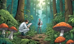 Científicos que estudian interacciones entre hongos y microbios en un exuberante ecosistema forestal.