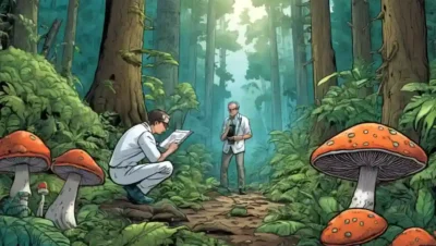 Científicos que estudian interacciones entre hongos y microbios en un exuberante ecosistema forestal.