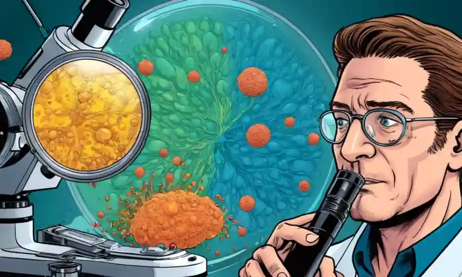 Una fusión de conceptos científicos y pensamientos filosóficos frente a un microscopio o un plato petri.