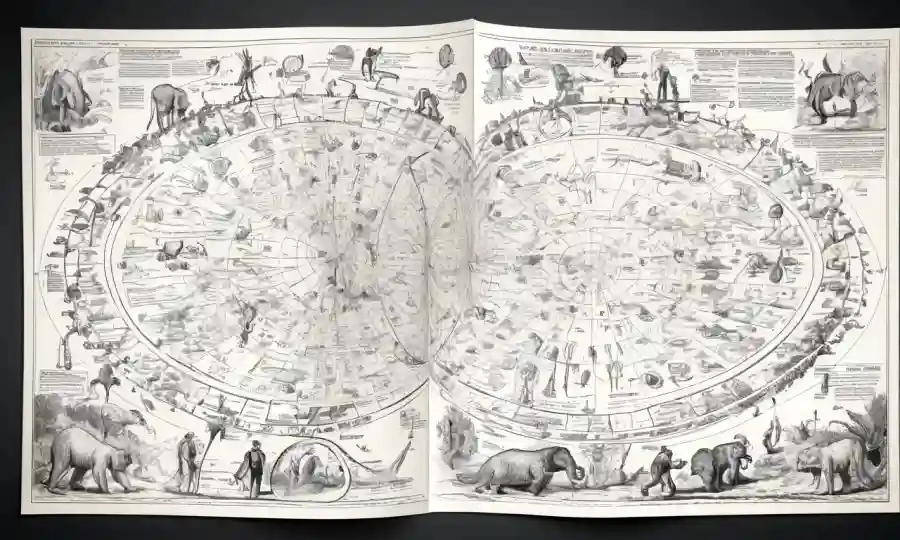 Diagramas históricos y ecuaciones de teorías científicas sobre el fondo de evolución simbiótica.