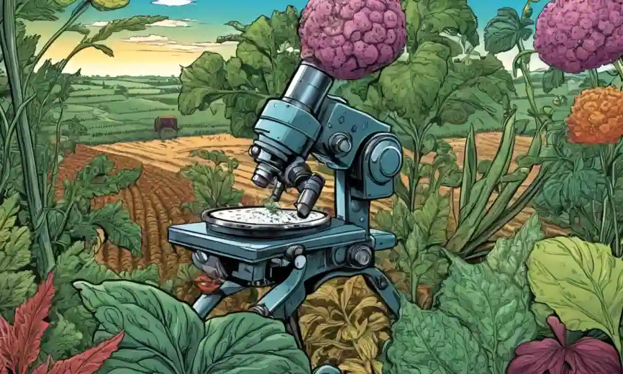 Imagen microscopio de enfermedad vegetal rodeada de contexto agrícola con ilustraciones botánicas.