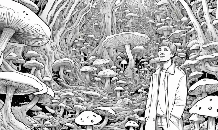 Creo que puede haber algunas palabras innecesarias en el impulso! He aquí una descripción revisada y única: Una persona rodeada de hongos, simbolizando futuras conexiones simbióticas.