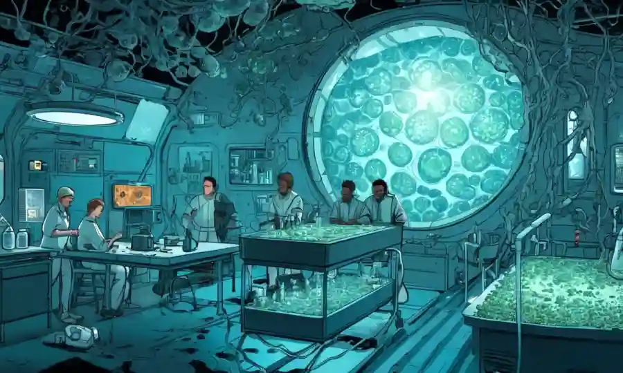 Células microscópicas de hongos que crecen junto a los humanos en un entorno de laboratorio futurista y ecológico.