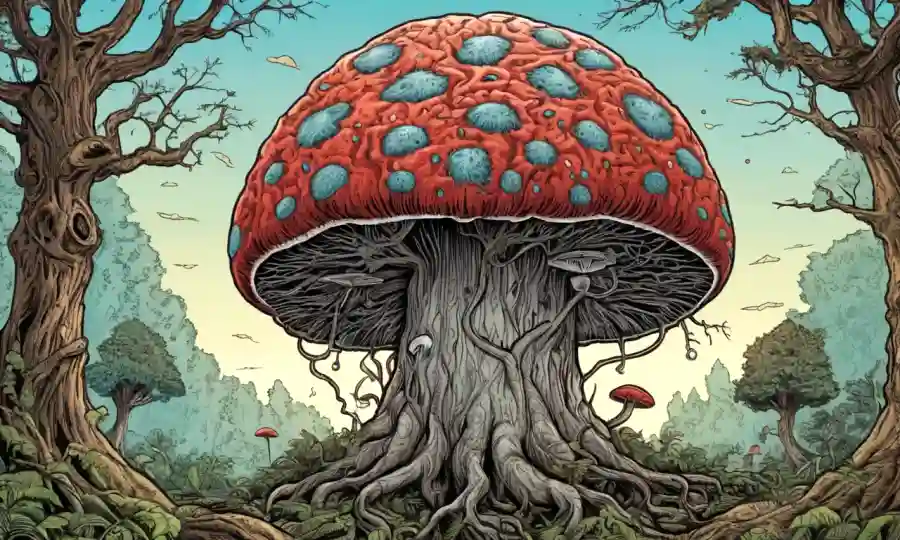Una ilustración cerebral inspirada en hongos rodeada de árboles antiguos e hilos interconectados.