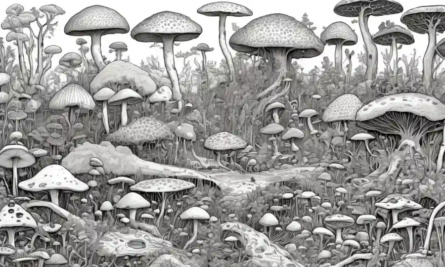 Una mezcla de ilustraciones fungosas antiguas y diagramas científicos modernos que muestran la evolución de la interacción entre hongos y humanos.
