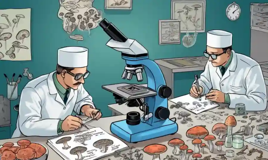 Científicos de laboratorio que estudian hongos bajo microscopios con notas y diagramas.