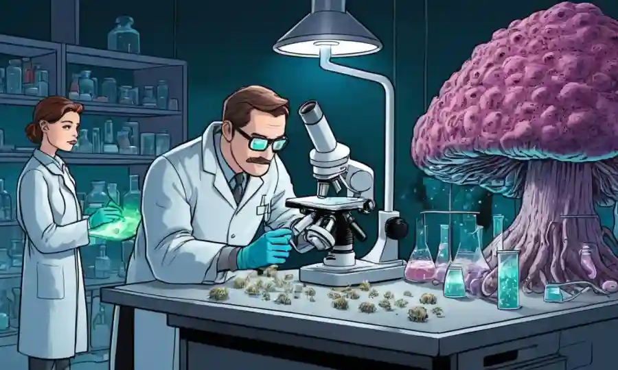 Científicos que examinan culturas fúngicas bajo luz microscopio en un laboratorio.