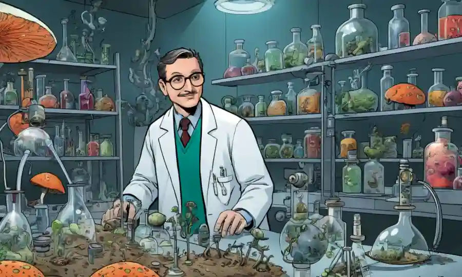 Científico en un laboratorio rodeado de cultivos de hongos y equipos de investigación.
