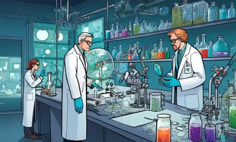 Científicos que estudian microorganismos en un entorno de laboratorio, destacando descubrimientos de investigación científica.