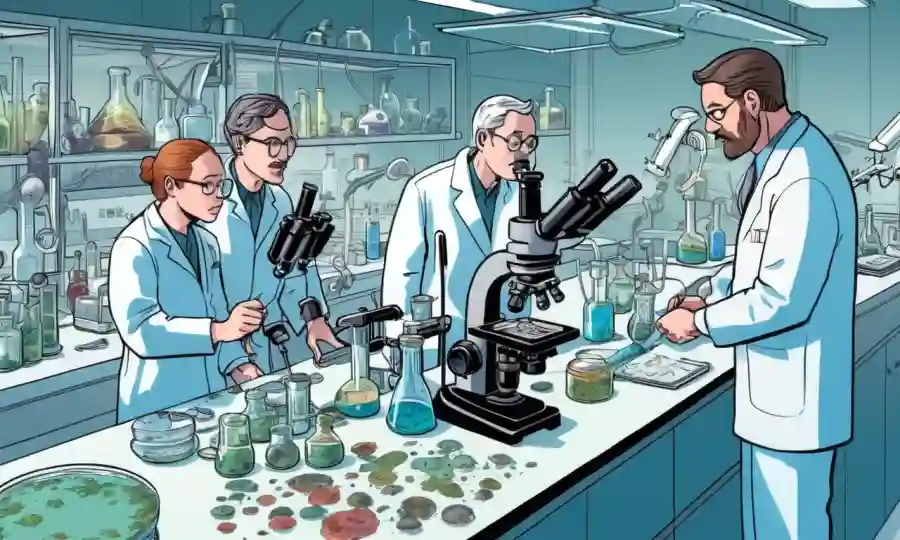 Microscopios y cultivos de hongos en un entorno de laboratorio con científicos trabajando juntos.