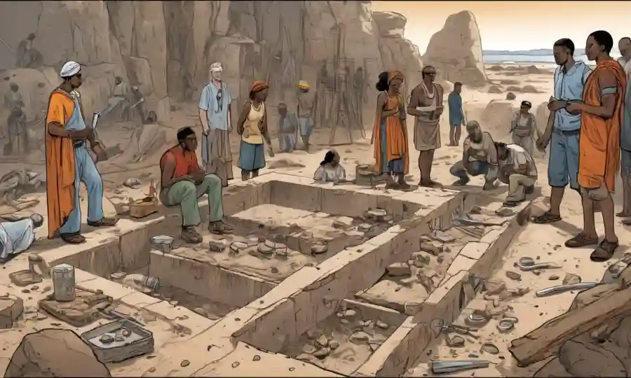 Una escena de excavación arqueológica con personas de diferentes culturas analizando artefactos decaídos.