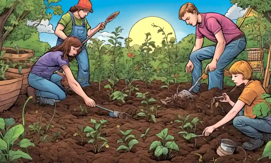 La gente cultivando suelo como gusanos descomponen materia orgánica, rodeada de símbolos culturales.