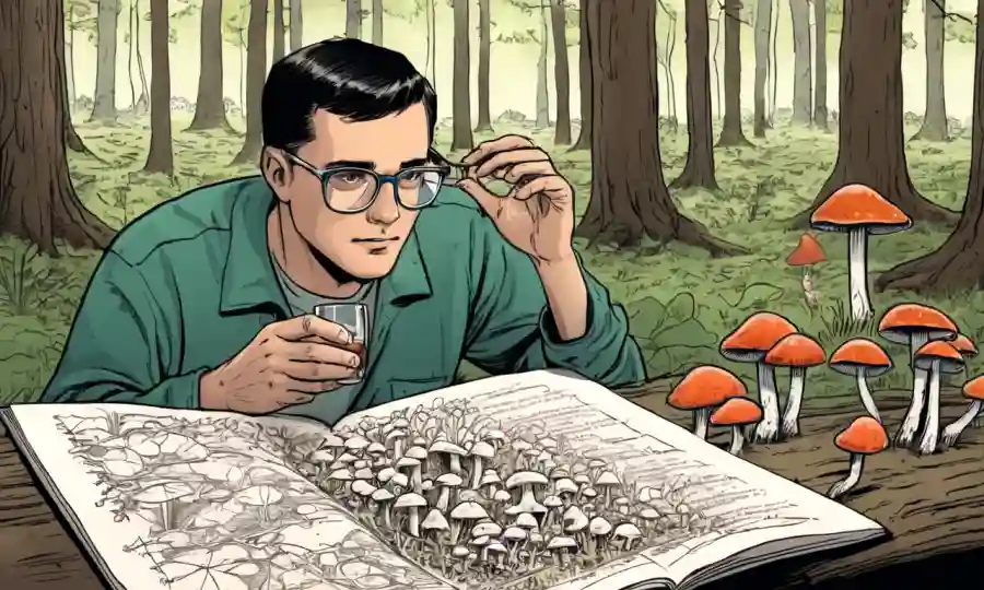 Una persona en un bosque mirando setas a través de copas con notas y diagramas en el fondo.