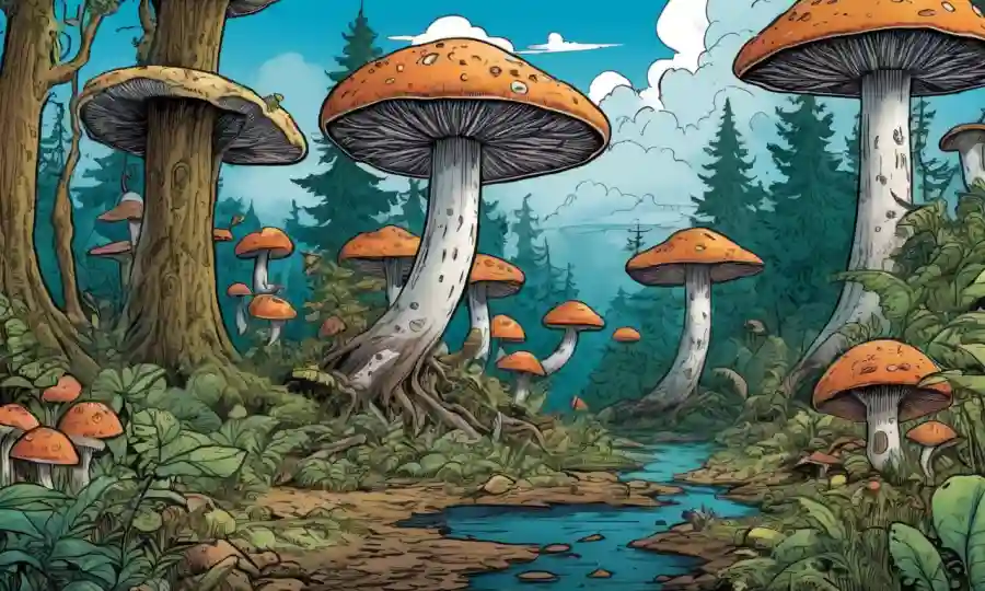 Un ecosistema forestal con varios hongos, destacando la importancia en la educación ambiental.