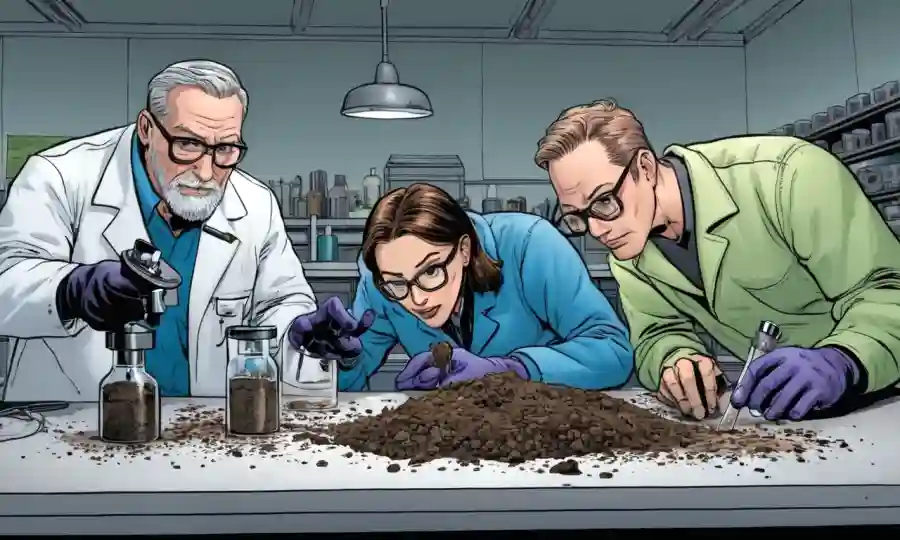 Investigadores en un laboratorio que examinan muestras de suelo en una tabla.