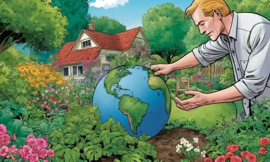 Tierra siendo entregada por manos en un contexto de jardín con exuberante vegetación y flores.