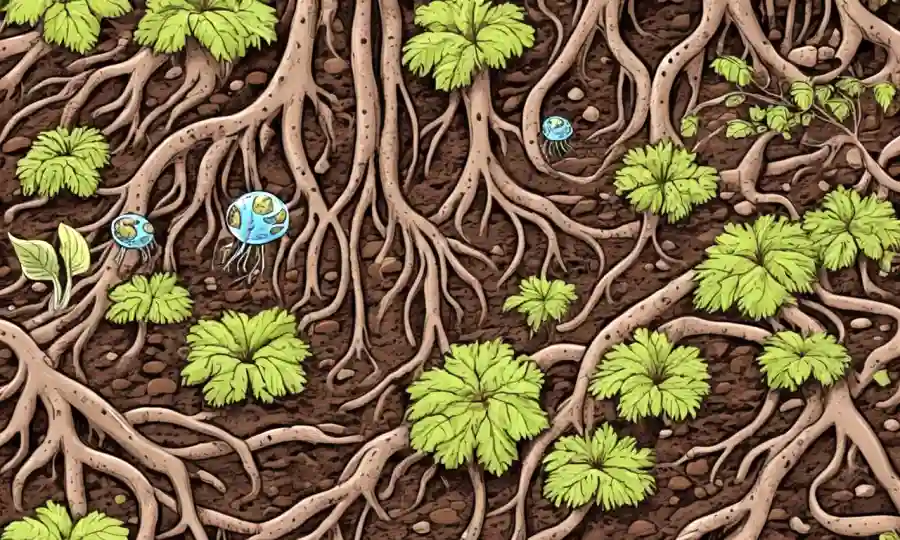Ilustración de microorganismos pequeños rodeados de raíces vegetales, con tonos de suelo y tierra dominando el fondo.